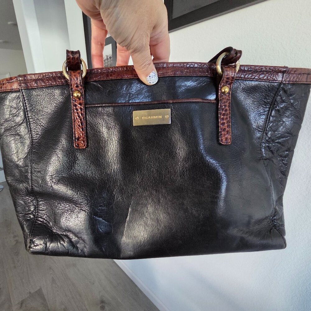 Brahmin Black Patent Bag with Brown Trim
